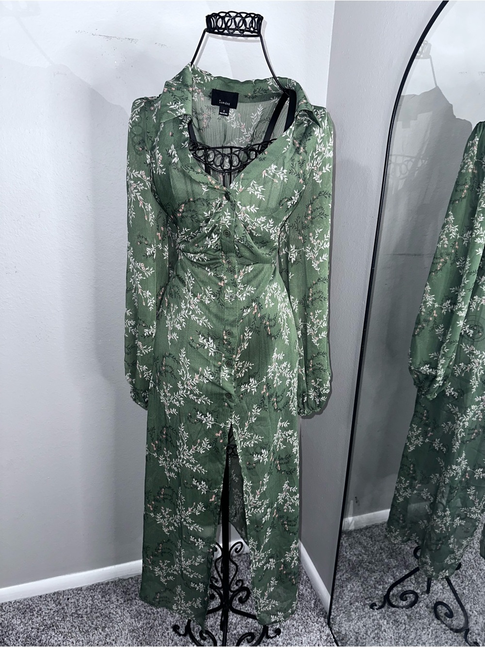 Lumiere Sage Green Floral Button-Front Maxi Dress